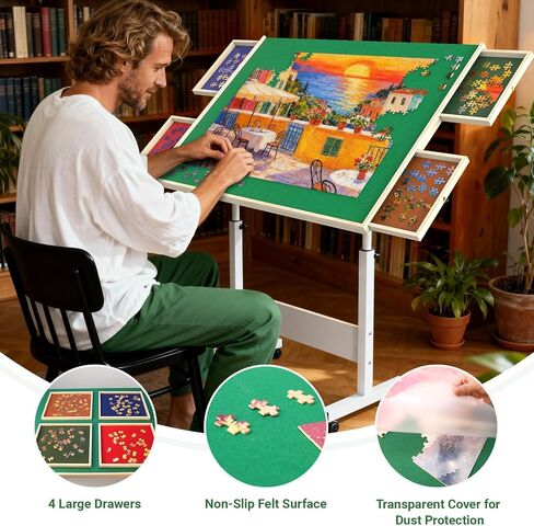 Wooden Puzzle Table with Cover and Drawers – 1500 Piece Puzzle Board with 360° Rotating Wheels | Lightweight & Portable Jigsaw Puzzle Organizer for Adults, 35’’ x 27’’, Large in Saudi Arabia