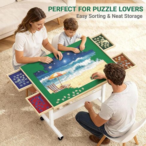 Wooden Puzzle Table with Cover and Drawers – 1500 Piece Puzzle Board with 360° Rotating Wheels | Lightweight & Portable Jigsaw Puzzle Organizer for Adults, 35’’ x 27’’, Large in Saudi Arabia