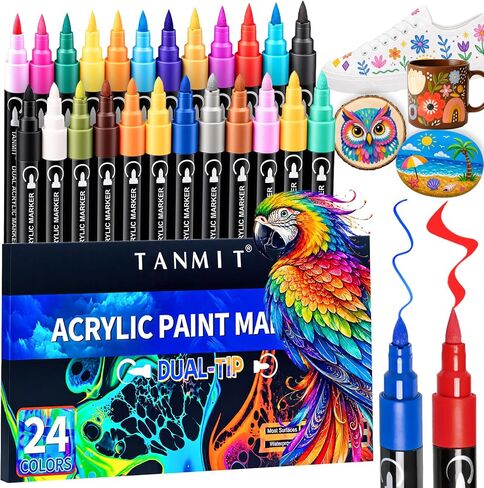 TANMIT 24 Colors Dual Tip Acrylic Paint Markers, Paint Pens Set with Brush Tip and Fine Tip For Fabric, Rock, Wood, Glass, Eggs, Scrapbook, DIY Crafts Making Art Supplies - Teacher Appreciation Gift in Kuwait