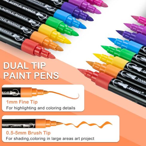 TANMIT 24 Colors Dual Tip Acrylic Paint Markers, Paint Pens Set with Brush Tip and Fine Tip For Fabric, Rock, Wood, Glass, Eggs, Scrapbook, DIY Crafts Making Art Supplies - Teacher Appreciation Gift in Kuwait