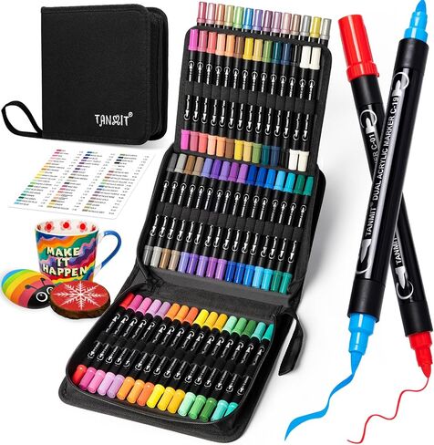 TANMIT 24 Colors Dual Tip Acrylic Paint Markers, Paint Pens Set with Brush Tip and Fine Tip For Fabric, Rock, Wood, Glass, Eggs, Scrapbook, DIY Crafts Making Art Supplies - Teacher Appreciation Gift in Kuwait
