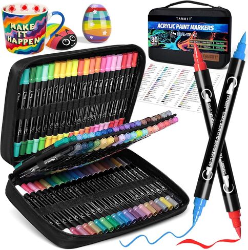 TANMIT 24 Colors Dual Tip Acrylic Paint Markers, Paint Pens Set with Brush Tip and Fine Tip For Fabric, Rock, Wood, Glass, Eggs, Scrapbook, DIY Crafts Making Art Supplies - Teacher Appreciation Gift in Kuwait