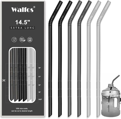WALFOS 14.5 بوصة، شفاطات سيليكون طويلة جدًا قابلة لإعادة الاستخدام، مقاسات كبيرة، شفاطات مرنة قابلة للانحناء لزجاجات مياه كبيرة سعة 1/نصف جالون، كوب 128 75 64 40 أونصة مع فرشاة تنظيف (6 عبوات) in Kuwait