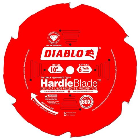 شفرة المنشار Diablo HardieBlade - قطر 10 بوصة، 6 أسنان TCG (PCD)، 5/8 بوصة | لقطع الأسمنت الليفي والتزيين - 0.087 بوصة، زاوية خطاف 10 درجات، لوحة 0.063 بوصة، 6000 دورة في الدقيقة كحد أقصى - D1006DH in Kuwait