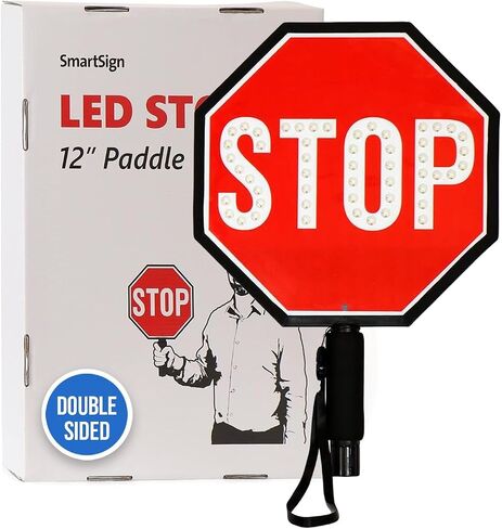SmartSign 12" LED Stop Paddle, Rechargeable Battery & Charger, 2-Sided Reflective Hand Held Aluminum Sign with Strap, Steady/Flashing Light Modes, Foam-Padded Grip, 1-Pack, USA-Made in Kuwait