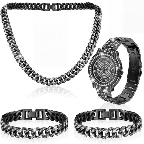 4 Pcs Hip Hop Jewelry Set Cuban Link Chains Bling Rhinestone Watch for Man Artificial Diamond Necklace Bracelet Watch in Kuwait