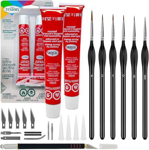 Testors Cement Plastic Model Glue Adhesive 2-Pack, 6 Fine Detail Miniatures Paint Brushes, Precision Crafting Knife with Extra Blades and Tips in Kuwait
