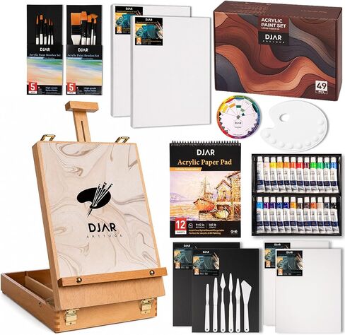 DJAR 49 Pcs Acrylic Paint Set with Tabletop Easel & Canvas, 24 Colors in Kuwait