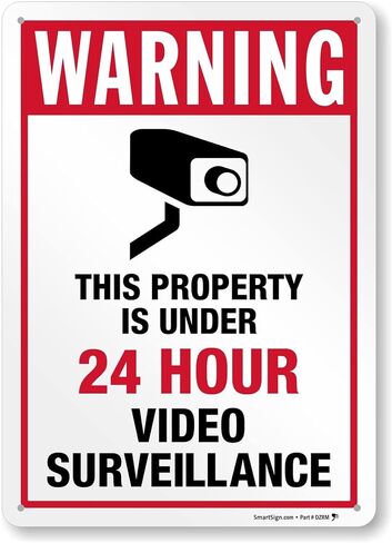 SmartSign 14 x 10 inch “Warning - Property Under 24 Hour Video Surveillance" Metal Sign with Camera Symbol, 40 mil Laminated Rustproof Aluminum, Red, Black and White in Kuwait