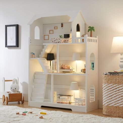 Wooden Dollhouse Bookshelf - Toddler Doll House Bookcase, Extra Space Kids Toy Storage Book Shelf, 3-Tier Children Dollhouse, Pretend Play Toy House (Modern Flat Roof) in Kuwait