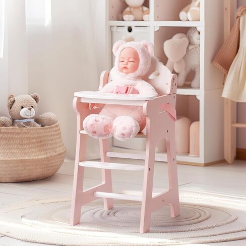 Robud Baby Doll High Chair ، Play Play High Kair مع حزام الأمان ، وملحقات دمية الأطفال الخشبية البيضاء مع طاولة متحركة ، وتناسب 18-20 بوصة دمى ، WRP27 in Kuwait