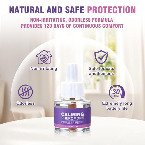 Cat Calming Pheromone Diffuser Refills 4 Pack Anxiety and Stress Calming for Cats Reduce Inappropriate Peeing and Spraying Fragrance Free for Bedroom Bathroom Reduces Conflict in Multi-Cat Households in Kuwait
