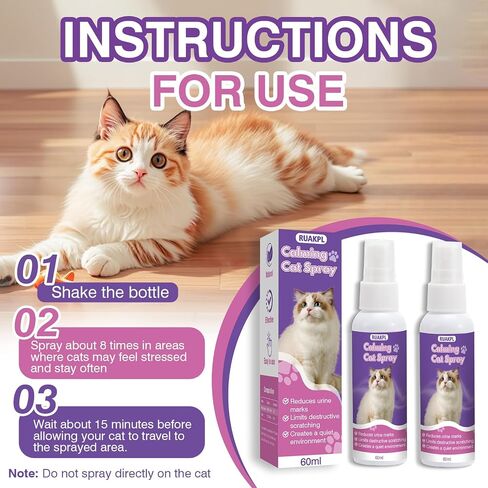 Cat Calming Spray 60 ML 2 Pack Calming Solution for Cats Cat Pheromone Spray Reduces Stress Anxiety Scratching Calming Spray for Cats Good for Home Travel Cat Pheromones Calming Spray in Kuwait