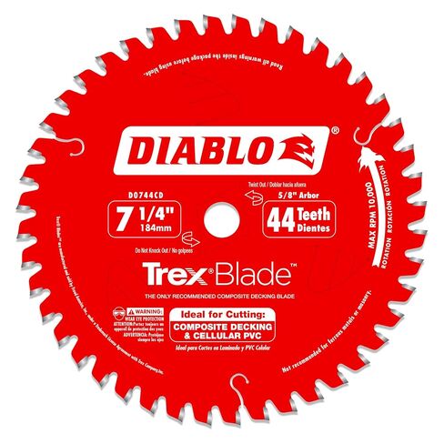 Diablo TrexBlade Saw Blade for Composites and Plastic - 7-1/4" Diameter, 44 MTCG Teeth, 5/8" Arbor, .065" Kerf, -3° Hook Angle, .040" Plate, 10000 Max RPM - D0744CD | 7-1/4in Diameter, 44 Mtcg Teeth, 5/8in Arbor, 065in Kerf, 040in Plate, -3 Degree Hook, 1 in Kuwait