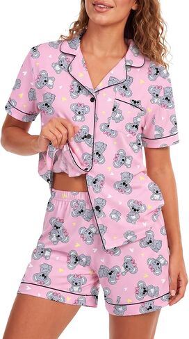 LYANER Women's Pajamas Set Heart Print Button Short Sleeve Shirt with Shorts Sleepwear PJs Set in Kuwait