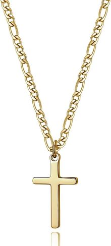 14K Gold Filled Cross Necklace for Men Figaro Chain Stainless Steel Plain Polished Cross Pendant Necklace Simple Faith Jewelry Gift for Boy Women Girls in Kuwait