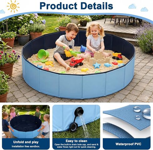 Kids Sandbox with Lid, 39inch Large Portable Sandbox for Outdoor & Indoor Play, Easy Setup Sand Box for Backyard, Balcony, Beach, Camping, Waterproof PVC Material, Hold up 200lbs Sand, with Drain Hole in Saudi Arabia