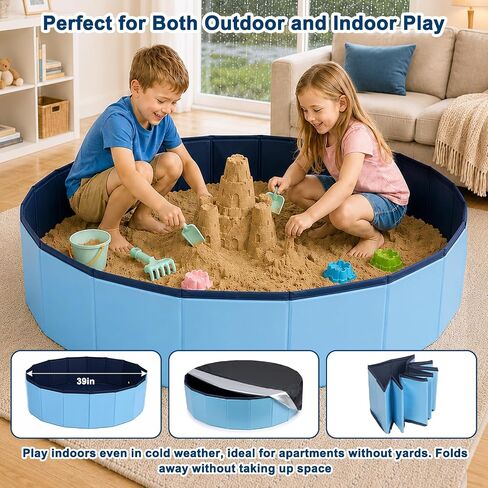 Kids Sandbox with Lid, 39inch Large Portable Sandbox for Outdoor & Indoor Play, Easy Setup Sand Box for Backyard, Balcony, Beach, Camping, Waterproof PVC Material, Hold up 200lbs Sand, with Drain Hole in Saudi Arabia