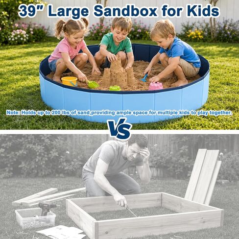 Kids Sandbox with Lid, 39inch Large Portable Sandbox for Outdoor & Indoor Play, Easy Setup Sand Box for Backyard, Balcony, Beach, Camping, Waterproof PVC Material, Hold up 200lbs Sand, with Drain Hole in Saudi Arabia