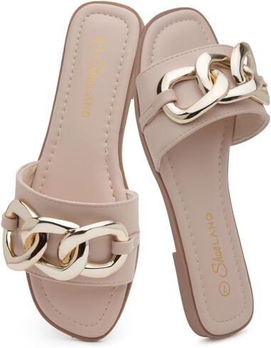 Shoe Land Womens EMMA Flat Sandals Square Open Toe Single Band Slides in Kuwait