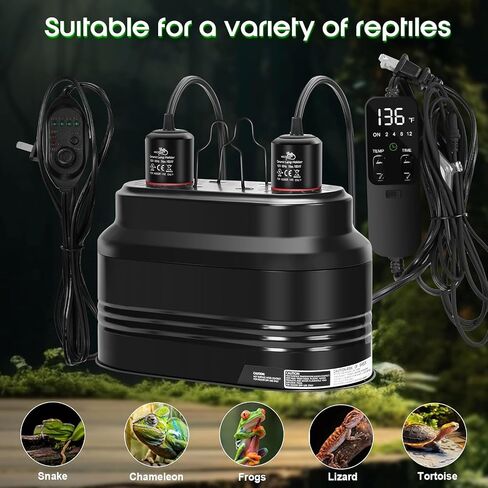 MECESOR Dual Reptile Light Fixture, Double Reptile Heat Lamp Fixture with Independent Thermostat Control & Timer Dimming Function Reflector Dome Lamp Fixture for Bearded Dragon, Lizard Terrarium in Saudi Arabia