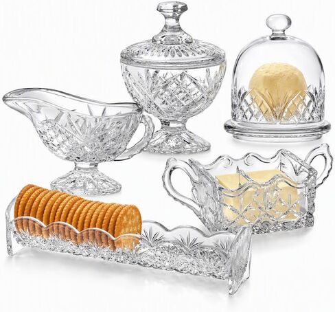 Godinger Serving Hostess Set - Butter Dish, Sugar and Creamer, Packet Holder, Cracker Tray - 5 Piece Set, Dublin Collection in Kuwait