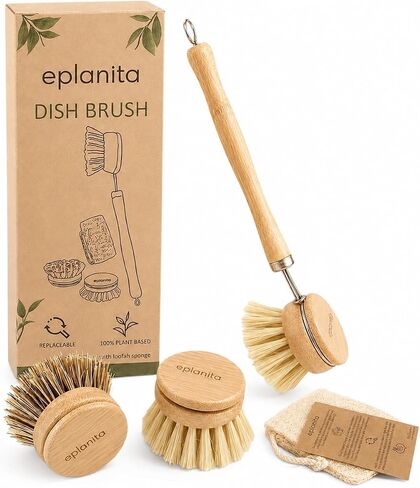 eplanita Natural Dish Brush, 3 Replacement Heads, Kitchen Eco Bamboo Scrubber Brushes, Extra Plant Sponge, Plastic Free Washing Up, Zero Waste Cleaning in Kuwait