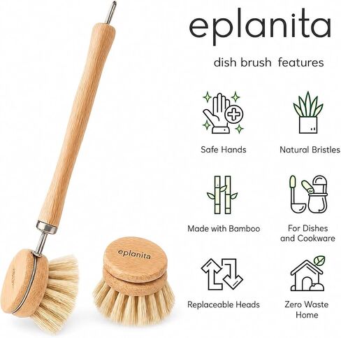 eplanita Natural Dish Brush, 3 Replacement Heads, Kitchen Eco Bamboo Scrubber Brushes, Extra Plant Sponge, Plastic Free Washing Up, Zero Waste Cleaning in Kuwait
