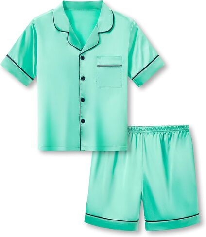 Beezizac Little & Big Girls Pajama Set Size 6-16 -Pink/Blue/Turquoise/Peach Satin Silky Cute Summer Shorts Outfit in Kuwait