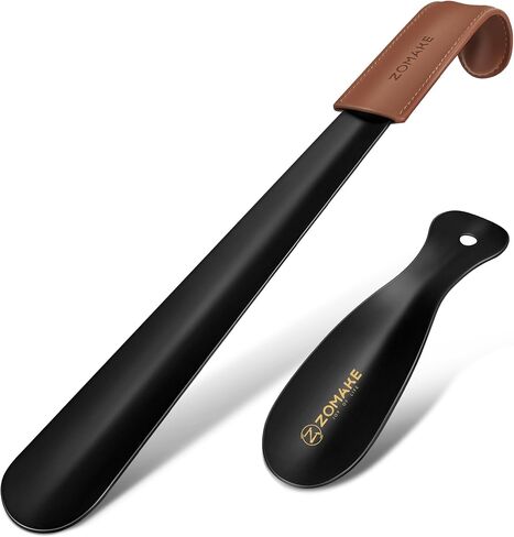 ZOMAKE Metal Shoe Horn 2Pcs - 16.5 inch Shoehorn Long Handled for Seniors Men Women and Kids - 6.7 inch Small Shoe horns with Leather Handle (Black 16.5&6.7 inch) in Kuwait