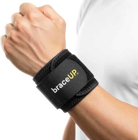 BraceUP Wrist Compression Strap and Wrist Wrap Wrist Band, Brace for Tendonitis, Tennis, Gym, Workout, One Size Adjustable (Black), 1 PC in Kuwait