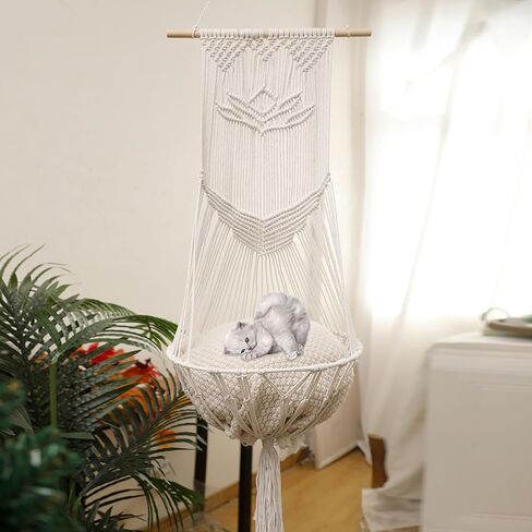 Macrame Cat Hammock-Boho Cat Bed Cotton Wall Hanging for Window Indoor Outdoor Home Decor, Macrame Cat Bed Hanging for Sleeping, Playing, Climbing and Lounging 49.2" Lx15.74 W in Saudi Arabia