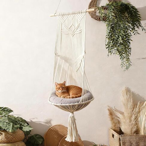 Macrame Cat Hammock-Boho Cat Bed Cotton Wall Hanging for Window Indoor Outdoor Home Decor, Macrame Cat Bed Hanging for Sleeping, Playing, Climbing and Lounging 49.2" Lx15.74 W in Saudi Arabia