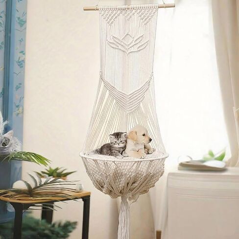 Macrame Cat Hammock-Boho Cat Bed Cotton Wall Hanging for Window Indoor Outdoor Home Decor, Macrame Cat Bed Hanging for Sleeping, Playing, Climbing and Lounging 49.2" Lx15.74 W in Saudi Arabia