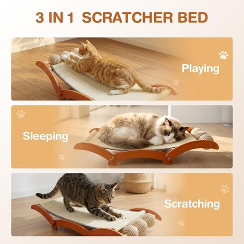 Extra Large Cat Scratcher Bed with 3 Sisal Balls, Wood Lounge in Kuwait