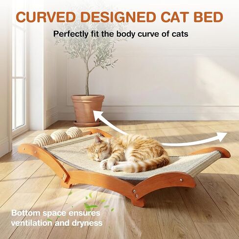 Extra Large Cat Scratcher Bed with 3 Sisal Balls, Wood Lounge in Kuwait