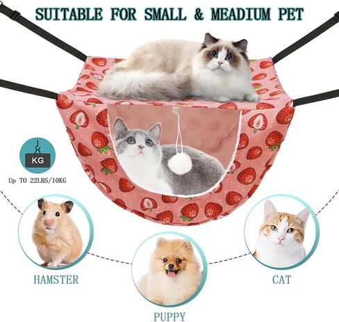 JSPYFITS Cat Cage Hammock with Ball,Double Layer Hanging Adjustable Soft Pet Bed Suit for Kitten Ferret Puppy Rabbit or Small Pet, 2 Level Indoor Bed for All Season(Pink Strawberries) in Kuwait