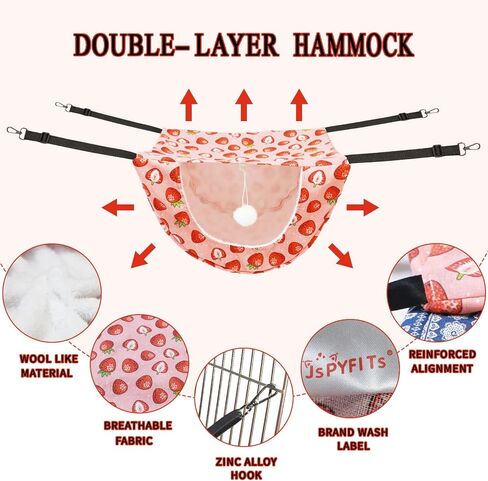 JSPYFITS Cat Cage Hammock with Ball,Double Layer Hanging Adjustable Soft Pet Bed Suit for Kitten Ferret Puppy Rabbit or Small Pet, 2 Level Indoor Bed for All Season(Pink Strawberries) in Kuwait