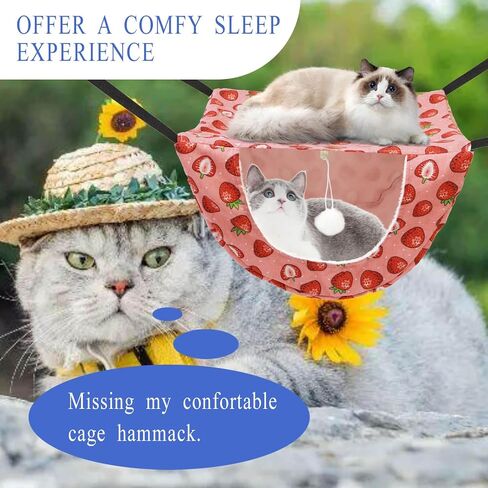 JSPYFITS Cat Cage Hammock with Ball,Double Layer Hanging Adjustable Soft Pet Bed Suit for Kitten Ferret Puppy Rabbit or Small Pet, 2 Level Indoor Bed for All Season(Pink Strawberries) in Kuwait