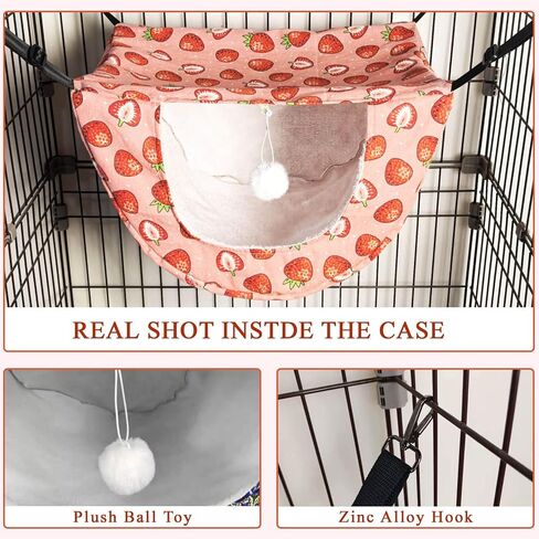 JSPYFITS Cat Cage Hammock with Ball,Double Layer Hanging Adjustable Soft Pet Bed Suit for Kitten Ferret Puppy Rabbit or Small Pet, 2 Level Indoor Bed for All Season(Pink Strawberries) in Kuwait