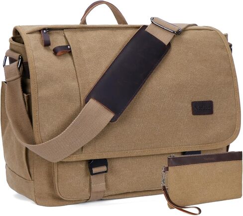 Nerlion Messenger Bag for Men 17-17.3 Inch Laptop Bag Canvas Water-resistant Computer Bag Shoulder Bag Work Briefcase Bookbag for College (Brown) in Kuwait