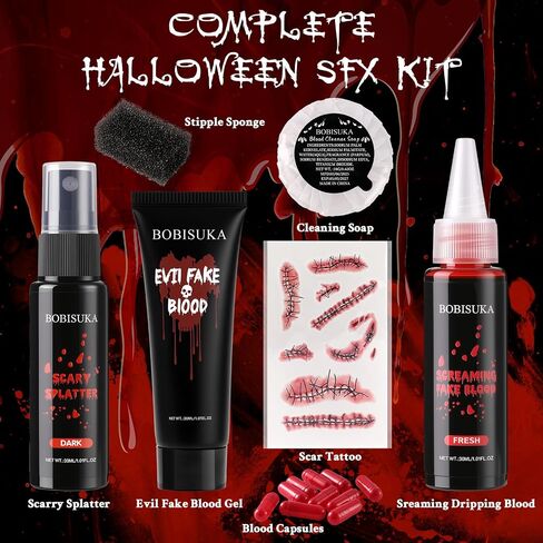 BOBISUKA Halloween Makeup Fake Blood Kit- Washable Dark Spray + Fresh Dripping + Blood Thick Gel, Blood Capsule, Stipple Sponge & Soap, Realistic Scar Tattoo for SFX Zombie Clown Mouth Clothes in Kuwait