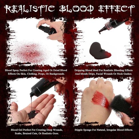BOBISUKA Halloween Makeup Fake Blood Kit- Washable Dark Spray + Fresh Dripping + Blood Thick Gel, Blood Capsule, Stipple Sponge & Soap, Realistic Scar Tattoo for SFX Zombie Clown Mouth Clothes in Kuwait