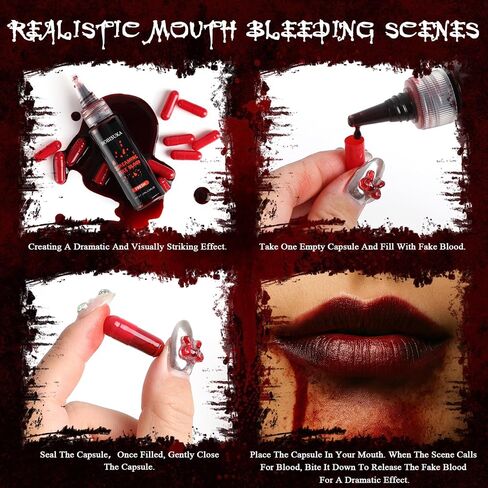 BOBISUKA Halloween Makeup Fake Blood Kit- Washable Dark Spray + Fresh Dripping + Blood Thick Gel, Blood Capsule, Stipple Sponge & Soap, Realistic Scar Tattoo for SFX Zombie Clown Mouth Clothes in Kuwait