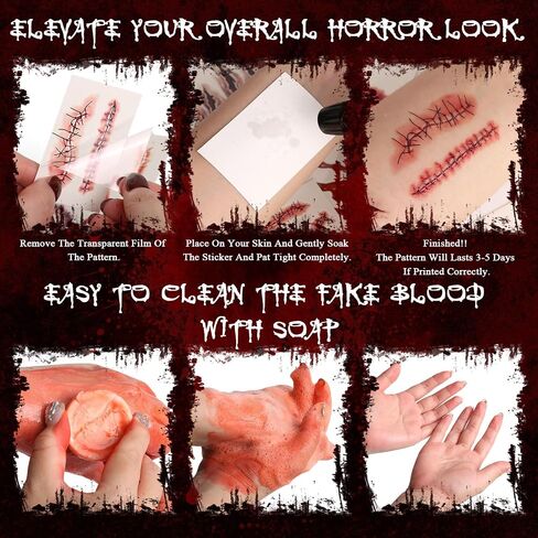 BOBISUKA Halloween Makeup Fake Blood Kit- Washable Dark Spray + Fresh Dripping + Blood Thick Gel, Blood Capsule, Stipple Sponge & Soap, Realistic Scar Tattoo for SFX Zombie Clown Mouth Clothes in Kuwait