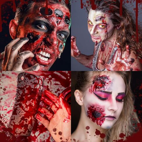 BOBISUKA Halloween Makeup Fake Blood Kit- Washable Dark Spray + Fresh Dripping + Blood Thick Gel, Blood Capsule, Stipple Sponge & Soap, Realistic Scar Tattoo for SFX Zombie Clown Mouth Clothes in Kuwait