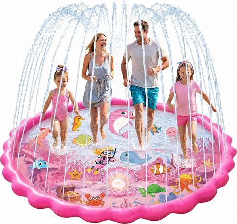 69" Splash Pad for Kids and Adults, Girls Sprinkler Water Toys for Backyard Outside, Non-Slip Wading Pool for Toddlers 1-3 4-8, Summer Outdoor Family Water Park, Pink Ocean in Saudi Arabia