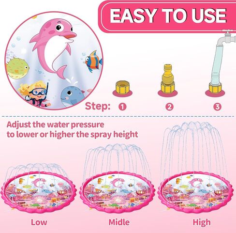 69" Splash Pad for Kids and Adults, Girls Sprinkler Water Toys for Backyard Outside, Non-Slip Wading Pool for Toddlers 1-3 4-8, Summer Outdoor Family Water Park, Pink Ocean in Saudi Arabia