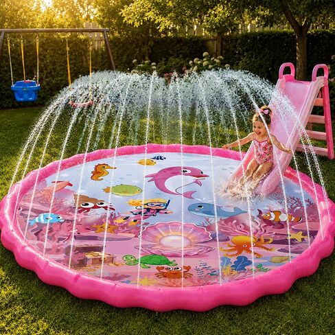 69" Splash Pad for Kids and Adults, Girls Sprinkler Water Toys for Backyard Outside, Non-Slip Wading Pool for Toddlers 1-3 4-8, Summer Outdoor Family Water Park, Pink Ocean in Saudi Arabia