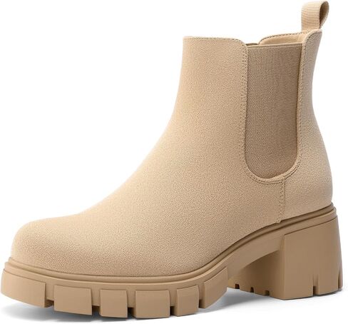 DREAM PAIRS Women's Elastic Chelsea Ankle Boots | Platform Low Chunky Block Heel Lug Sole Slip on Fall Heeled Booties Shoes in Kuwait